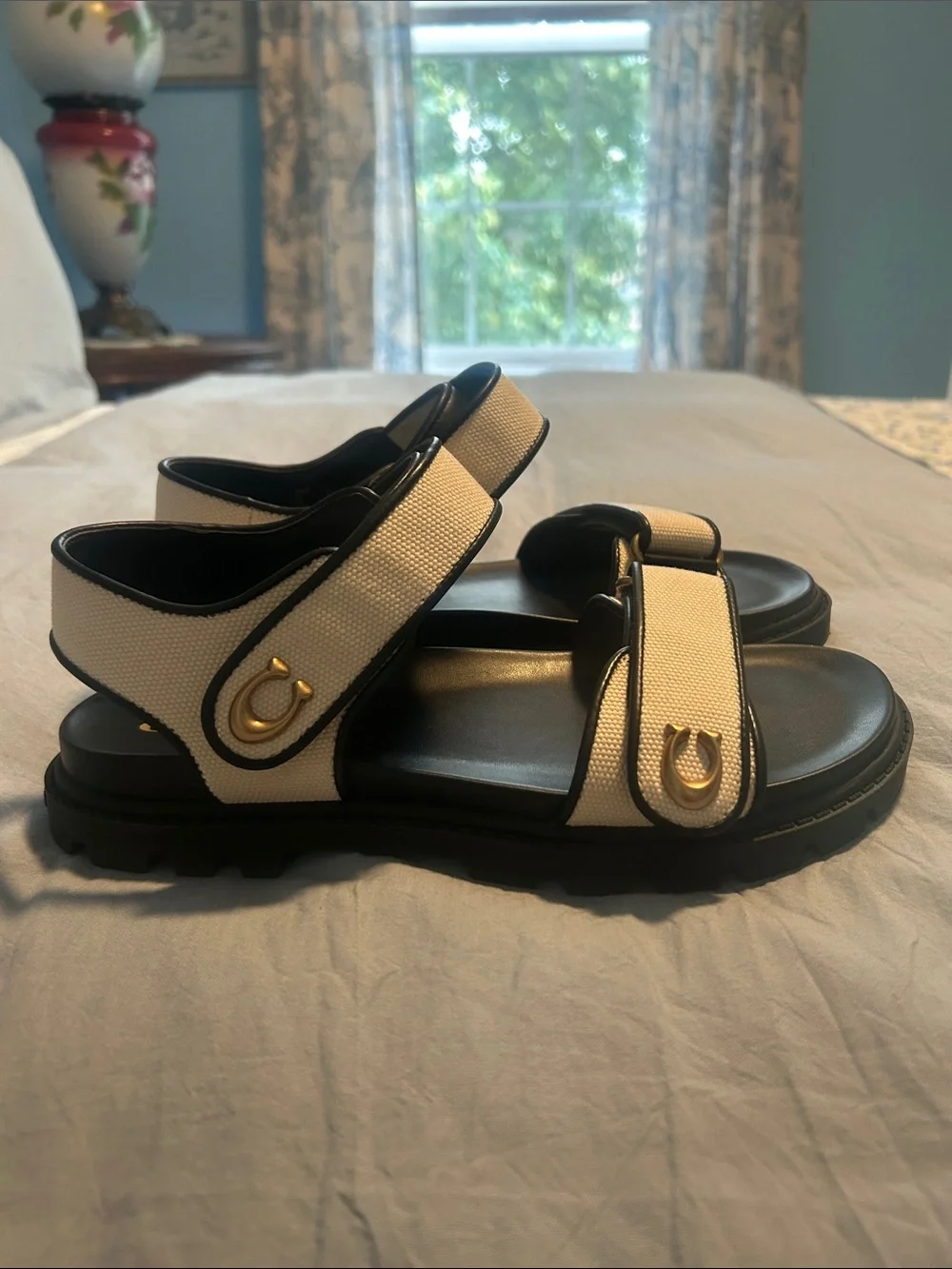 COACH Kids Black and Cream Strappy Sandals with Gold Hardware. Never worn